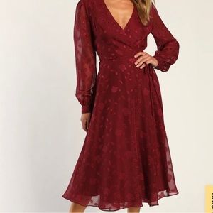 Elegant Burgundy Floral Wrap Midi Dress